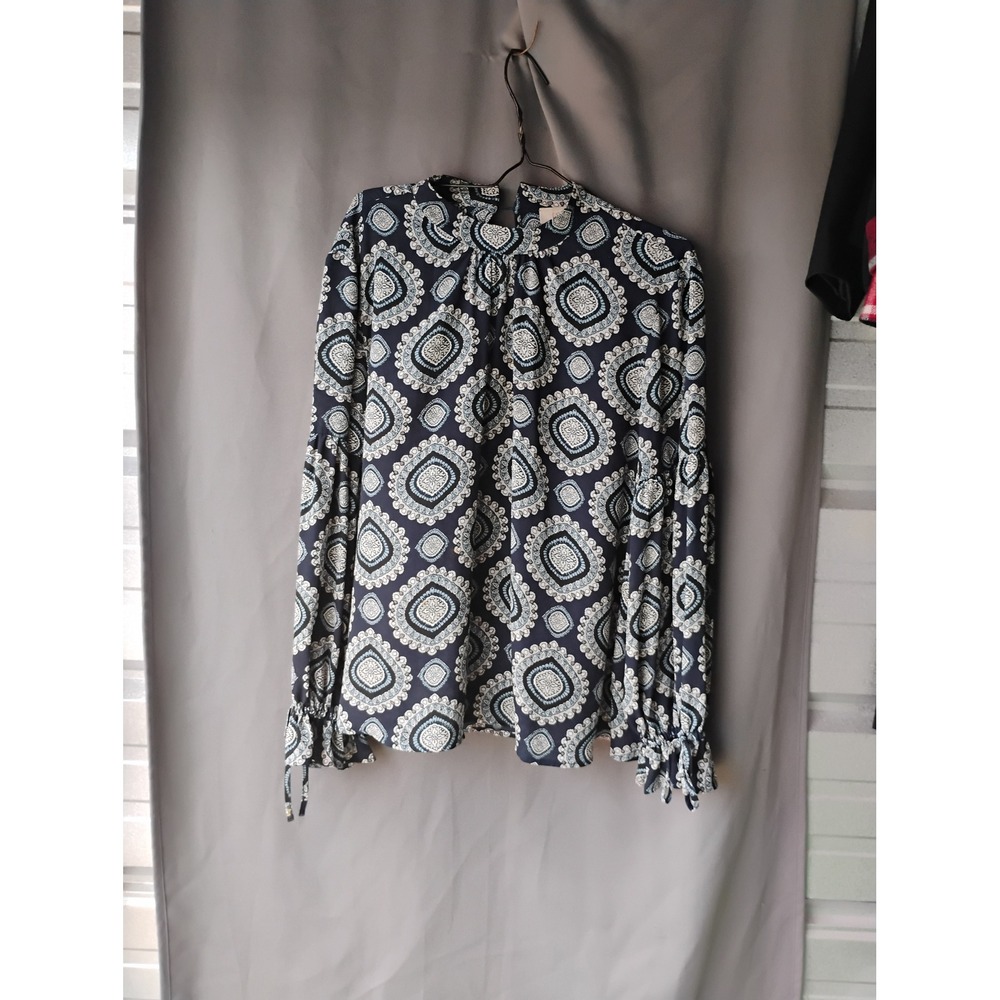 Loft Outlet Navy Blue Medallion Print Ruffle Tie Cuff Blouse XL